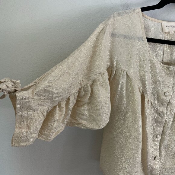 Sezane Womens 4 US Metallic Button Up Blouse 3/4 Ruched Sleeve Shirt Top - Picture 12 of 13